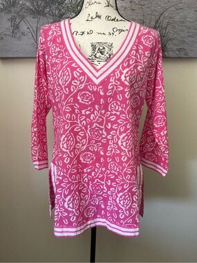 Gretchen Scott Designs V-neck pink & white floral cotton tunic, size medium